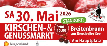 Poster for Breitenbrunn fish market event on May 10, 2026. It features a red cherry and logos for Fisch Farm and Breitenbrunn.