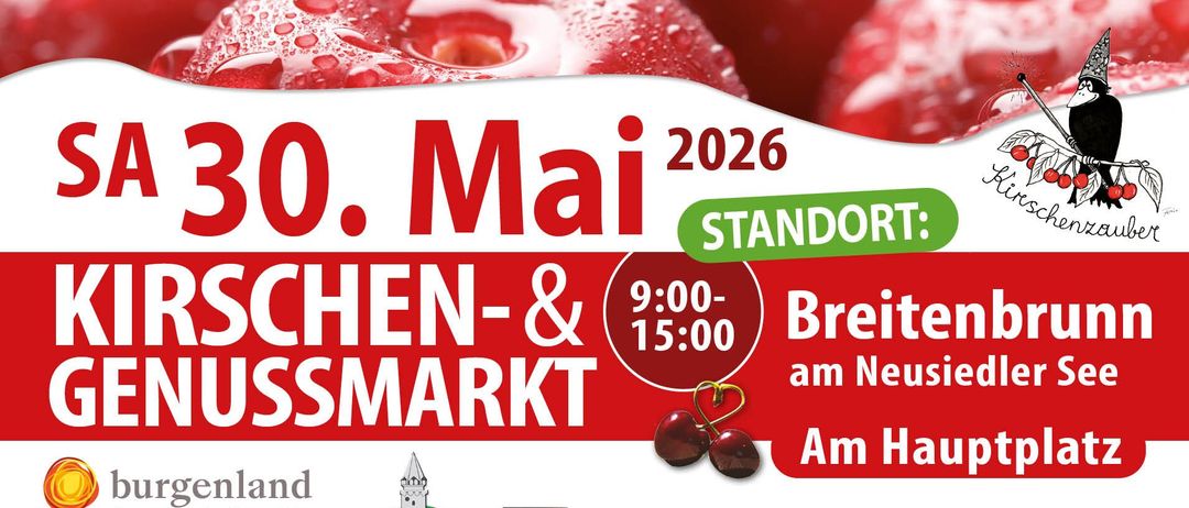 Plakat für den Breitenbrunn Fischmarkt am 10. Mai 2026. Es zeigt eine rote Kirsche und Logos für Fisch Farm und Breitenbrunn.