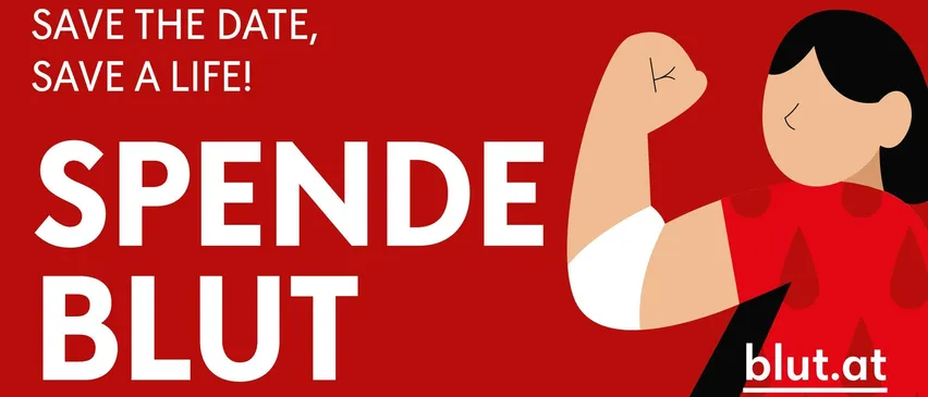 Ein Plakat für eine Blutspendeveranstaltung am Samstag, 29. August 2026, in der Breitenbrunn Kirschbluütenhalle. Zeiten sind 09:00-12:00 und 13:00-14:30. QR-Code für Terminbuchung.