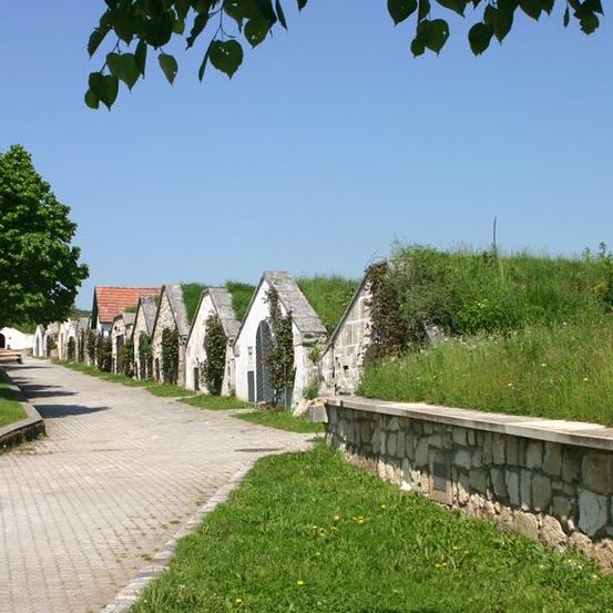 Ein Steinweg verläuft zwischen Reihen von mit Gras bedeckten Steinhäusern, mit Bäumen auf der linken Seite und einer Steinmauer auf der rechten Seite.