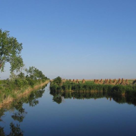 Eine ruhige ländliche Landschaft mit einem ruhigen Fluss, üppigem Grün und mehreren Heuballen, die in einem Feld unter einem klaren blauen Himmel gestapelt sind.