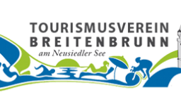 Ein Logo für den Tourismusverein Breitenbrunn am Neusiedler See mit einem Turm und einer Flusslandschaft.