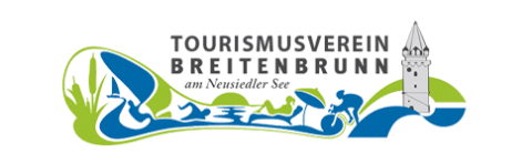 Ein Logo für den Tourismusverein Breitenbrunn am Neusiedler See mit einem Turm und einer Flusslandschaft.