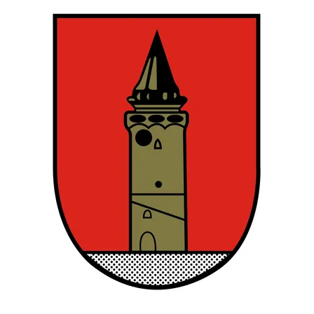 Ein roter Schild mit einem Turm in der Mitte, umgeben von einem schwarzen Rand.
