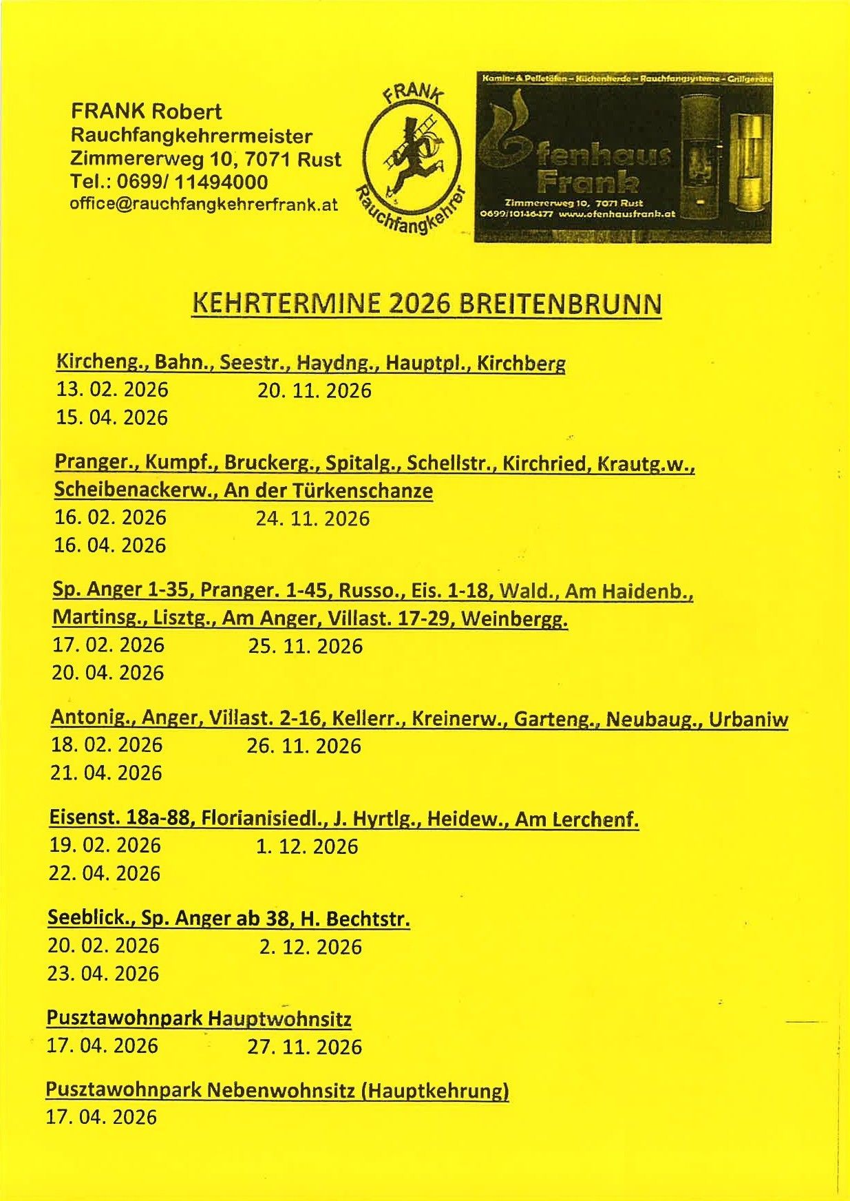 Ein gelbes Dokument mit dem Titel 'KEHRTERMINE 2026 BREITENBRUN'. Es listet Orte und Termine für die Abfallsammlung auf, einschließlich Kircheng, Seestr und Anger. Das Dokument ist auf den 13. Februar 2026 datiert.