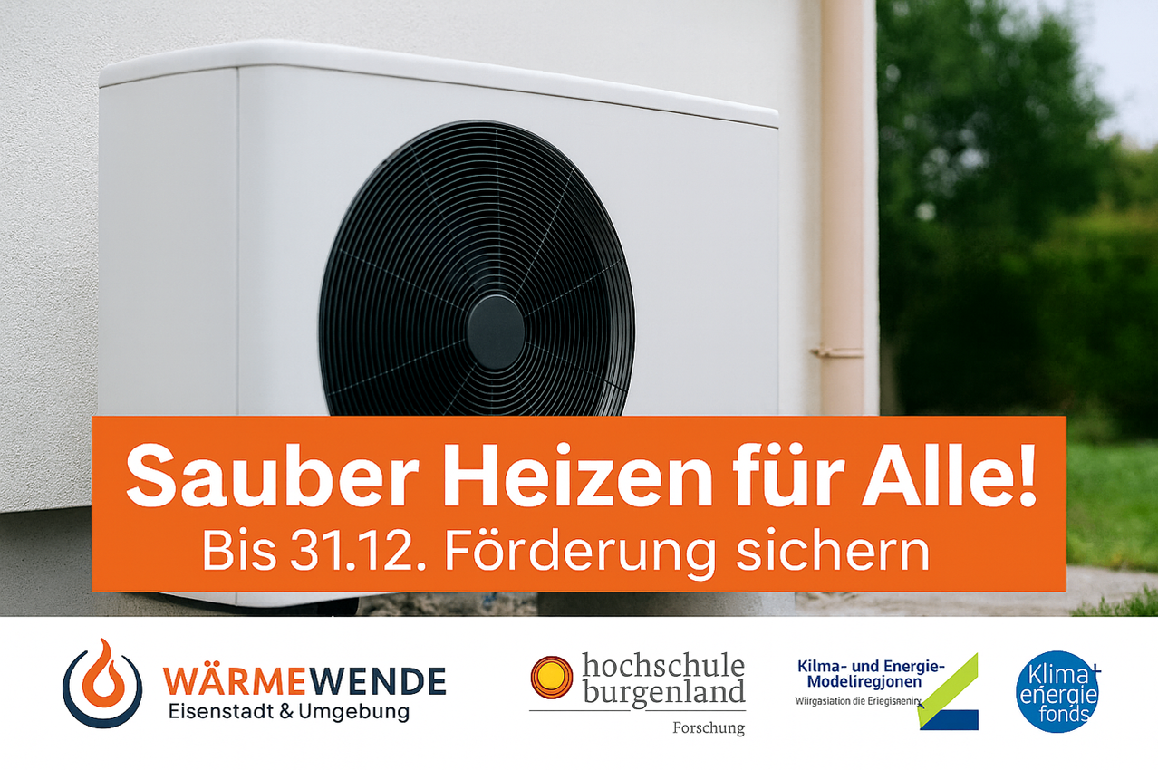 Eine Werbung für Heizlösungen mit einem weißen Gerät mit schwarzem runden Lüfter, die Heizung für alle mit einer Förderungsmöglichkeit bis zum 31. Dezember bewirbt.