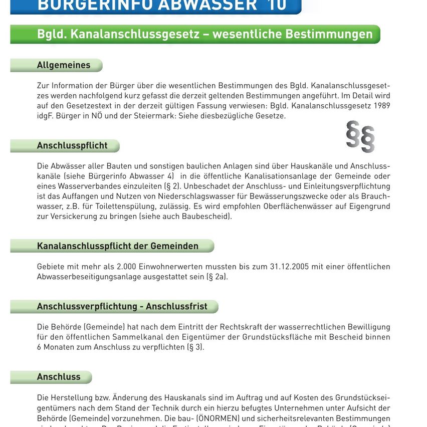 Das Bild zeigt ein Dokument mit dem Titel 'Bürgerinfo Abwasser 10' über das deutsche Kanalanschlussgesetz. Es enthält wichtige Bestimmungen, einschließlich Details zur Abwasserentsorgung, Anforderungen für den Kanalanschluss und Pflichten für Gemeinden. Es betont die Verantwortung der Grundstückseigentümer, sich an öffentliche Kanäle anzuschließen, und die Rolle der örtlichen Behörden bei der Verwaltung und Regulierung dieser Anschlüsse.