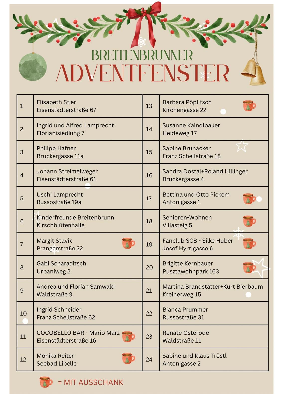 Das Bild zeigt eine Liste von Namen mit Adressen für Adventfensterdekorationen. Jeder Name ist von 1 bis 23 nummeriert, mit entsprechenden Adressen. Es gibt zwei Sets von Kaffeetassen mit Sternen neben bestimmten Namen.