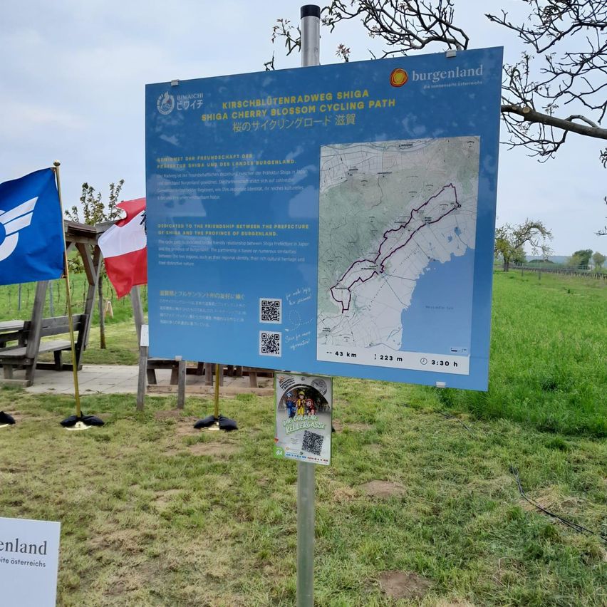 Ein blaues Schild mit Karte zeigt den Shiga Kirschblüten-Radweg. Das Schild ist der Freundschaft zwischen der Präfektur Shiga und der Provinz Burgenland gewidmet. Zwei Flaggen sind sichtbar.