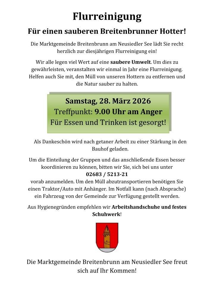 Plakat für jährliche Frühjahrsreinigung in Breitenbrunn, Deutschland. Veranstaltungsdatum 28. März 2026. Anmeldenummer angegeben. Details zu Treffpunkt, Essen und Arbeitskleidung.