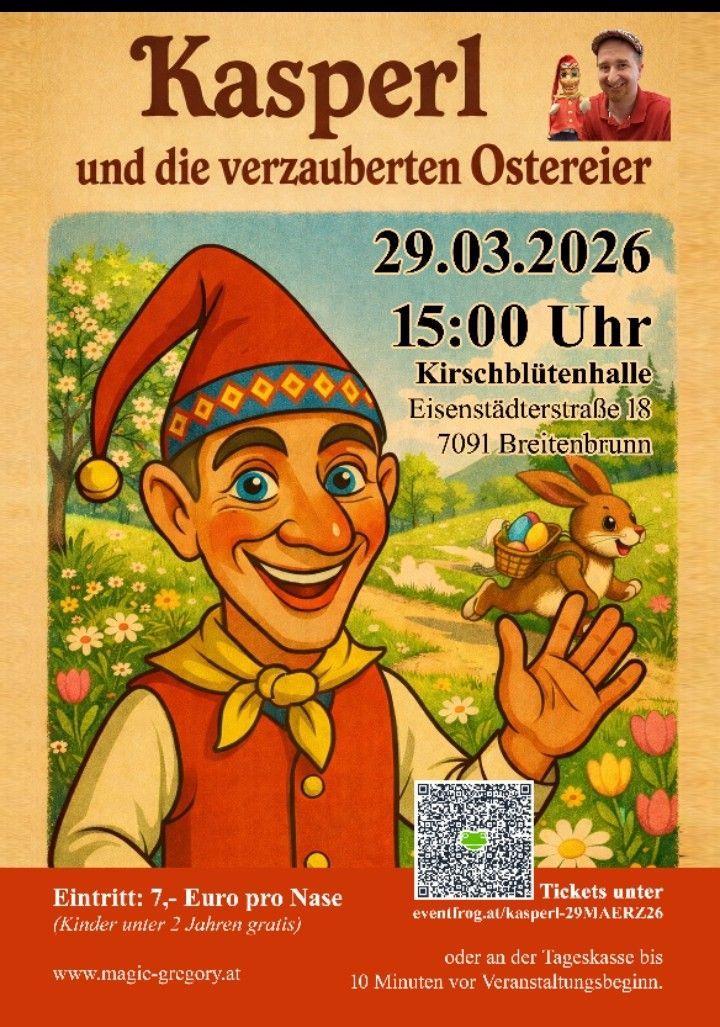 Plakat für eine Veranstaltung mit einer Zeichentrickfigur mit Hut und Schal. Das Plakat enthält Details wie Datum, Uhrzeit und Ort. Im Hintergrund ist ein Hase mit einem Korb abgebildet.