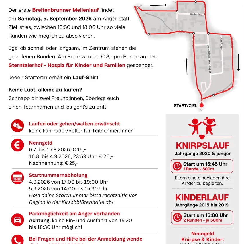 Plakat für das Breitenbrunner Meilenlauf-Event am 5. September 2026 mit einer Karte, Anmeldeinformationen und Details über die Veranstaltung, einschließlich Startzeiten, Kosten und Parkmöglichkeiten.