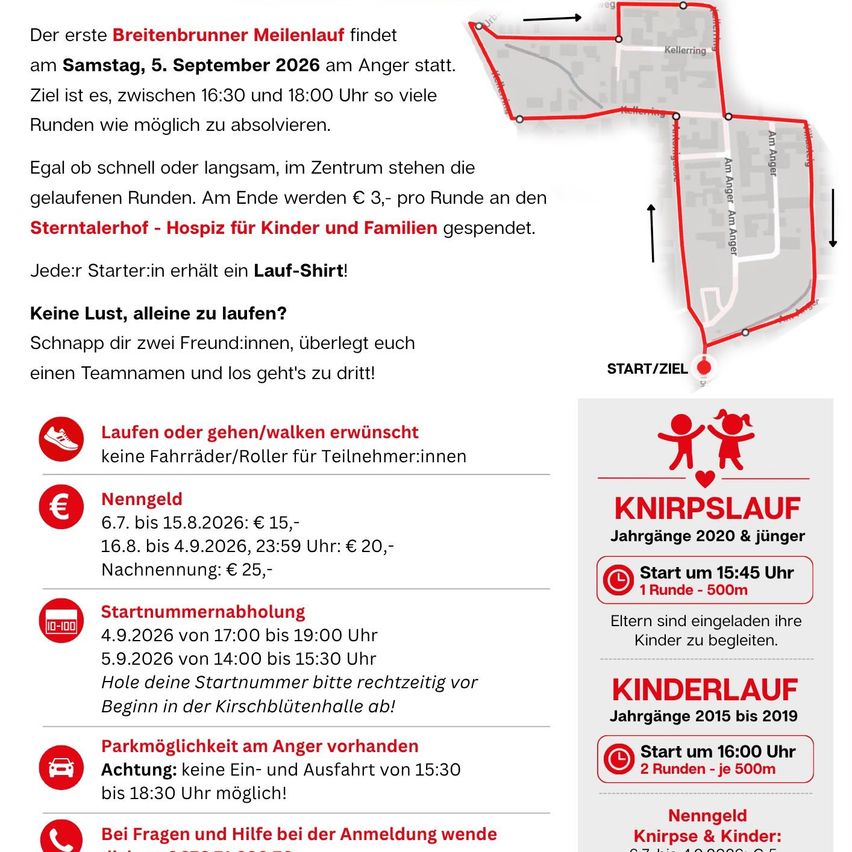 Plakat für das Breitenbrunner Meilenlauf-Event am 5. September 2026 mit einer Karte, Anmeldeinformationen und Details über die Veranstaltung, einschließlich Startzeiten, Kosten und Parkmöglichkeiten.