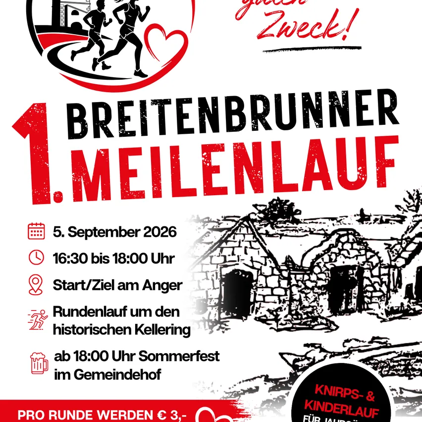 Plakat für den Breitenbrunnen 1. Meilenlauf am 5. September 2026 von 16:30 bis 18:00 Uhr, Start/Ziel am Anger, mit Sommerfest im Gemeindehof ab 18:00 Uhr.
