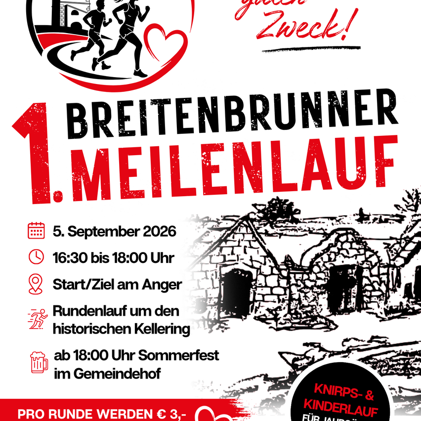 Plakat für den Breitenbrunnen 1. Meilenlauf am 5. September 2026 von 16:30 bis 18:00 Uhr, Start/Ziel am Anger, mit Sommerfest im Gemeindehof ab 18:00 Uhr.
