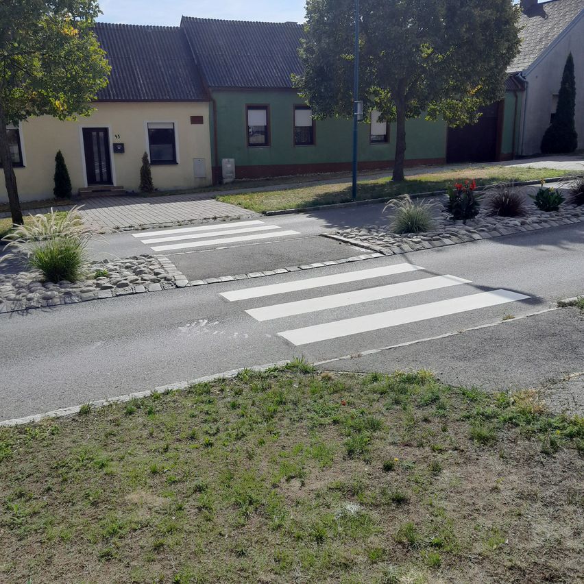 Eine Vorstadtstraße mit einem Zebrastreifen, gesäumt von Häusern und Bäumen. Die Straße ist leer und der Himmel ist klar.