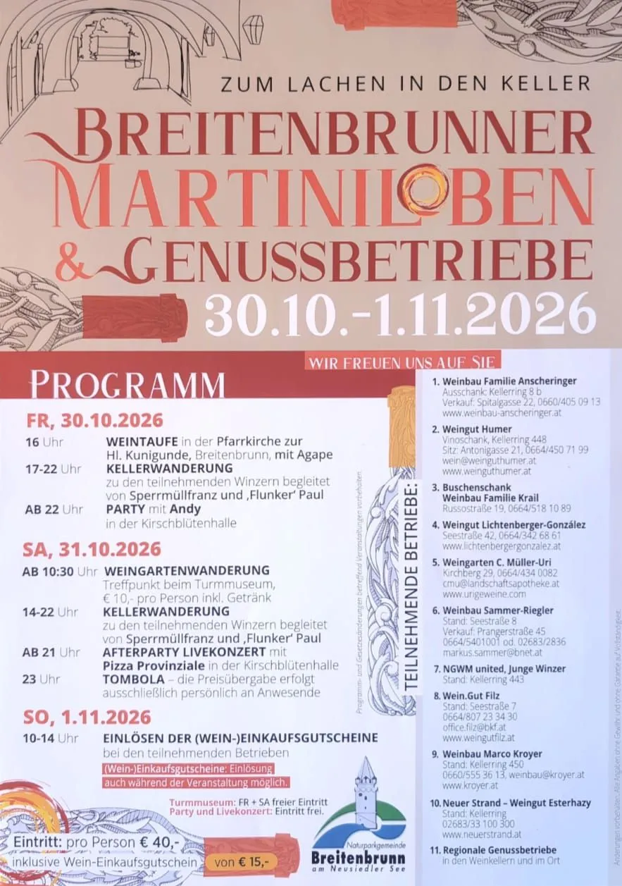 Ein Plakat für das Breitenbrunn Martiniloben & Genussbetriebe Event mit Datum und Aktivitäten aufgelistet.