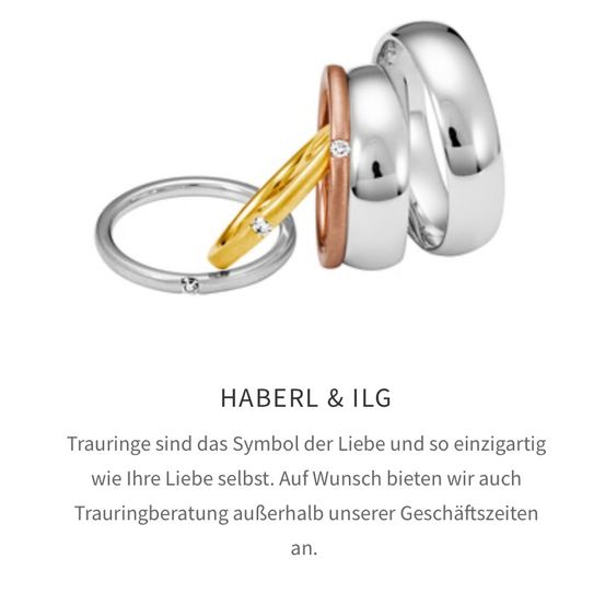 Das Bild zeigt drei Ringe, einen goldenen und zwei silberne, die die Liebe symbolisieren. Der Text lautet 'Haberl & ILG' und spricht über Eheringe als Symbol der Liebe.