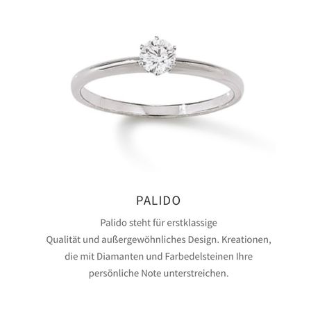 Ein silberner Ring mit einem einzelnen Diamanten auf weißem Hintergrund. Darunter steht der Markenname 'PALIDO'. Der darunterstehende Text lautet 'PALIDO steht für erstklassige Qualität und außergewöhnliches Design. Kreationen, die Ihre persönliche Note mit Diamanten und farbigen Steinen unterstreichen.'