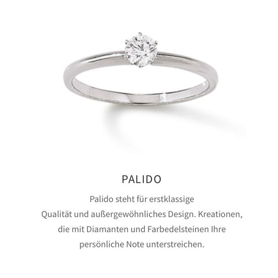 Ein silberner Ring mit einem einzelnen Diamanten auf weißem Hintergrund. Darunter steht der Markenname 'PALIDO'. Der darunterstehende Text lautet 'PALIDO steht für erstklassige Qualität und außergewöhnliches Design. Kreationen, die Ihre persönliche Note mit Diamanten und farbigen Steinen unterstreichen.'
