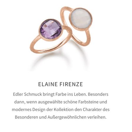 Zwei Ringe aus Roségold mit lila und weißen Steinen. Text 'Elaine Firenze'. Darunter eine Beschreibung auf Deutsch über die Eleganz und Einzigartigkeit der Kollektion.