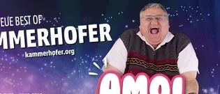 Ein Plakat für 'Best of Kammerhofer' mit einem Mann mit offenem Mund und Brille. Das Plakat hat einen lila Hintergrund mit Text und Symbolen.