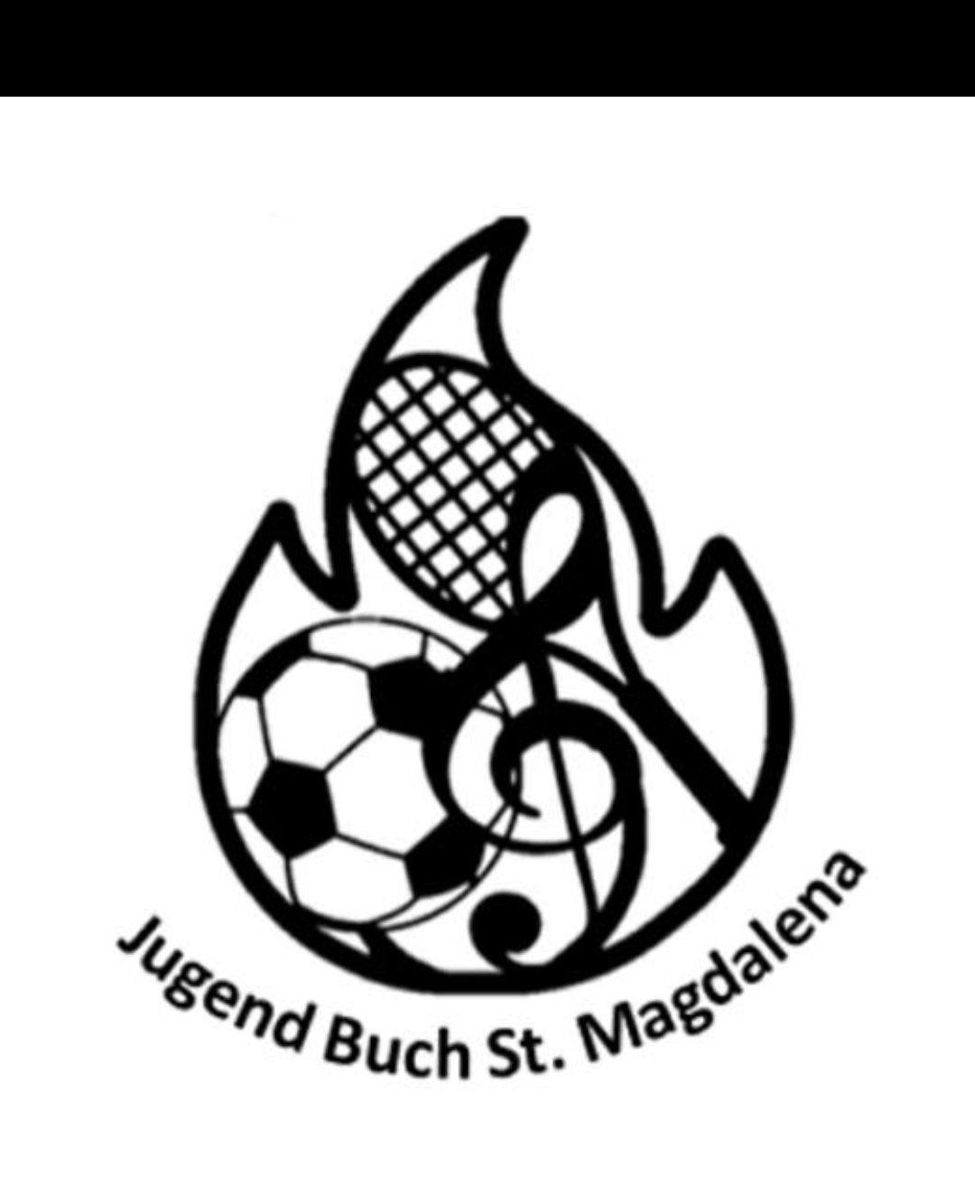Ein Logo für Jugend Buch St. Magdalena mit einem Fußball, einem Tennisschläger und einem Musiknoten. Der Hintergrund ist schwarz und weiß.