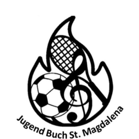 Ein Logo für Jugend Buch St. Magdalena mit einem Fußball, einem Tennisschläger und einem Musiknoten. Der Hintergrund ist schwarz und weiß.