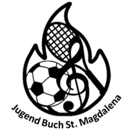 Das Logo zeigt einen Fußball, einen Tennisschläger und einen Notenschlüssel in der Mitte, umgeben von Flammen. Der Text 'Jugend Buch St. Magdalena' steht darunter.