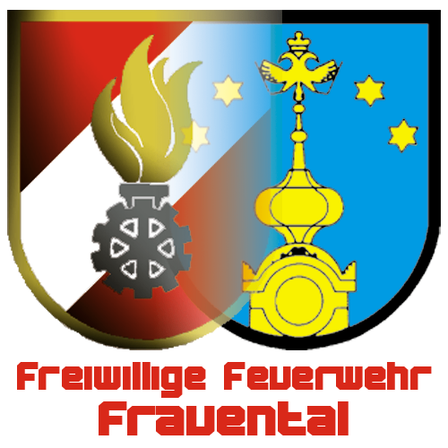 Das Wappen der Freiwilligen Feuerwehr Frauental mit einer Flammenfackel, einem Zahnrad und einer Krone mit Sternen auf blauem und rotem Hintergrund.