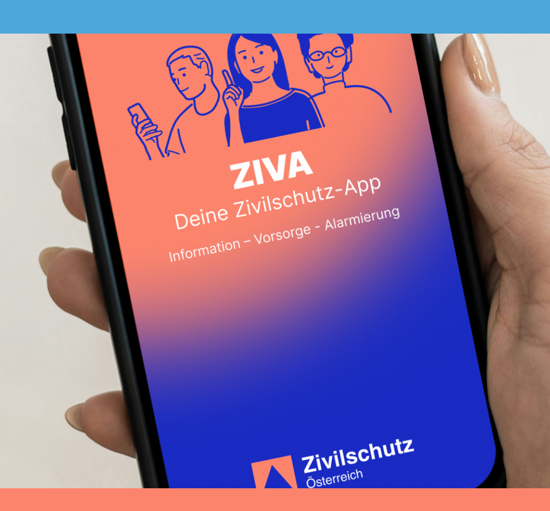 A smartphone displaying the ZIVA app interface, featuring a blue illustration of three people and the text 'ZIVA - Deine Zivilschutz-App'. The app provides information, care, and alerts.