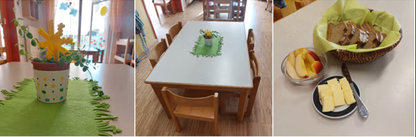 Drei Bilder zeigen eine Tischdekoration mit einem Topf, einem dekorierten Tisch und einer Obstschale mit Messer und Käse.