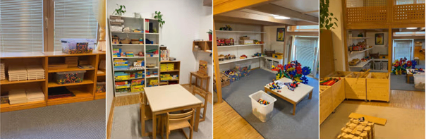 Drei Bilder eines Kinderspielzimmers. Das erste Bild zeigt ein Spielzeugregal aus Holz, das mit Spielzeug gefüllt ist. Das zweite Bild zeigt einen Tisch und Stühle mit Spielzeug auf einem Teppich. Das dritte Bild zeigt hölzerne Aufbewahrungsboxen, die mit Spielzeug gefüllt sind.