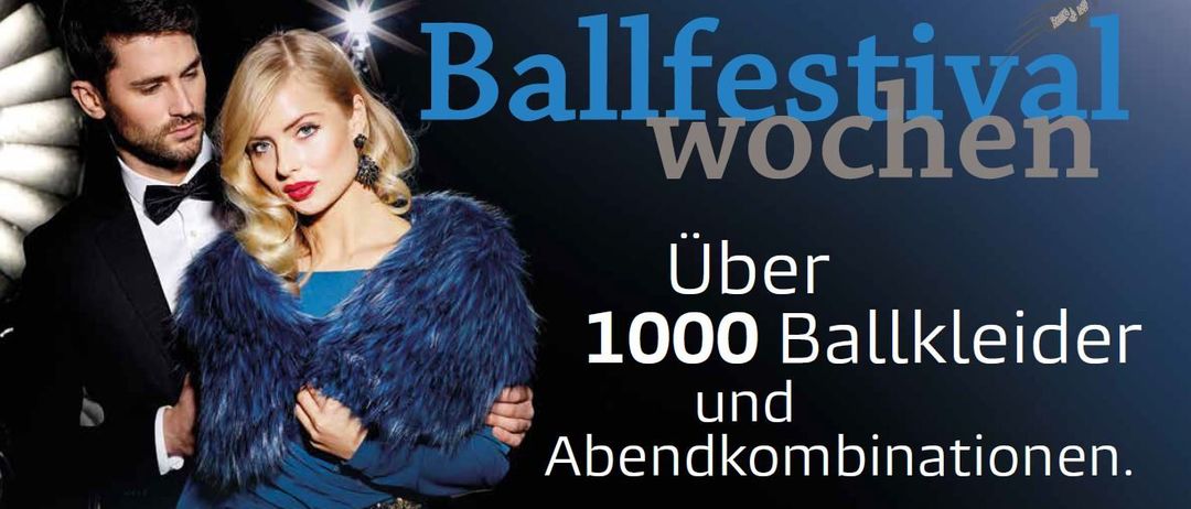 Eine Frau in einem blauen Pelzmantel und rotem Lippenstift steht vor einem blauen Hintergrund mit den Worten Ballfesti Woche und Über 1000 Ballk und Abendkombina.