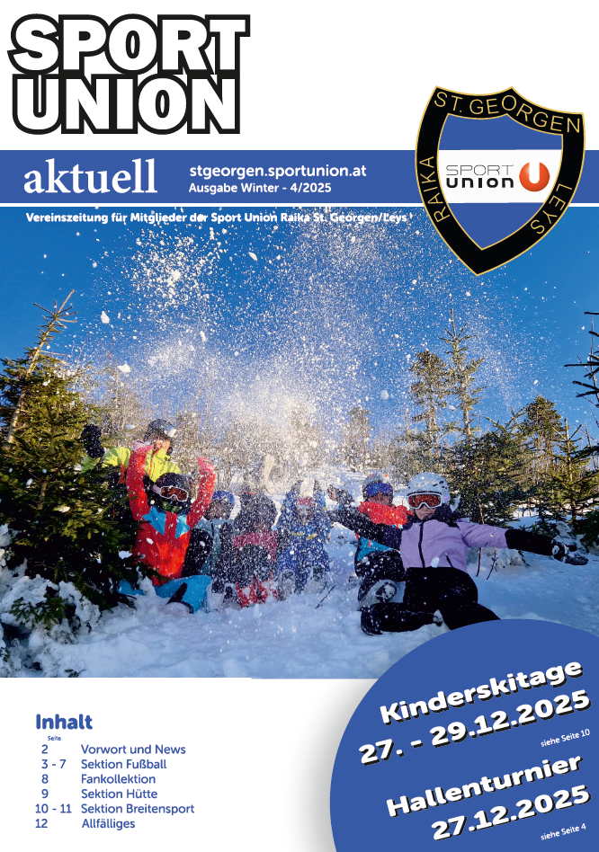 Ein Wintersportmagazin-Cover für die Sport Union Railka St. Georgen/Leys, datiert auf 4/2025, zeigt Kinder beim Skifahren und Schneewerfen, vor einem blauen Himmel und Kiefern im Hintergrund.