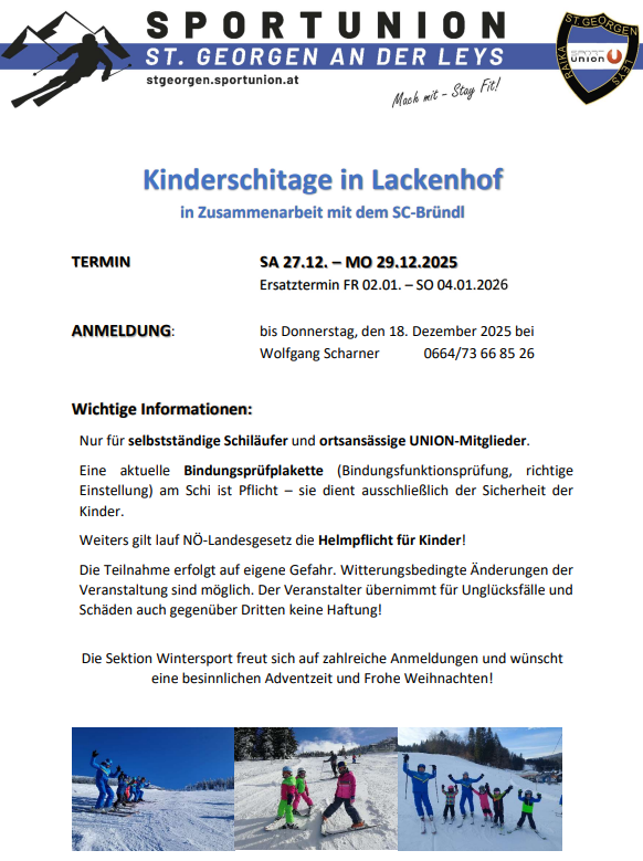 Eine Anzeige für Kinder-Skikurse in Lackenhof, organisiert von Sport Union St. Georgen. Die Veranstaltung findet vom 27. Dezember 2025 bis 29. Dezember 2025 statt, mit Anmeldung bis zum 18. Dezember 2025. Ski-Pässe sind erforderlich, und die Haftung für Unfälle ist begrenzt.