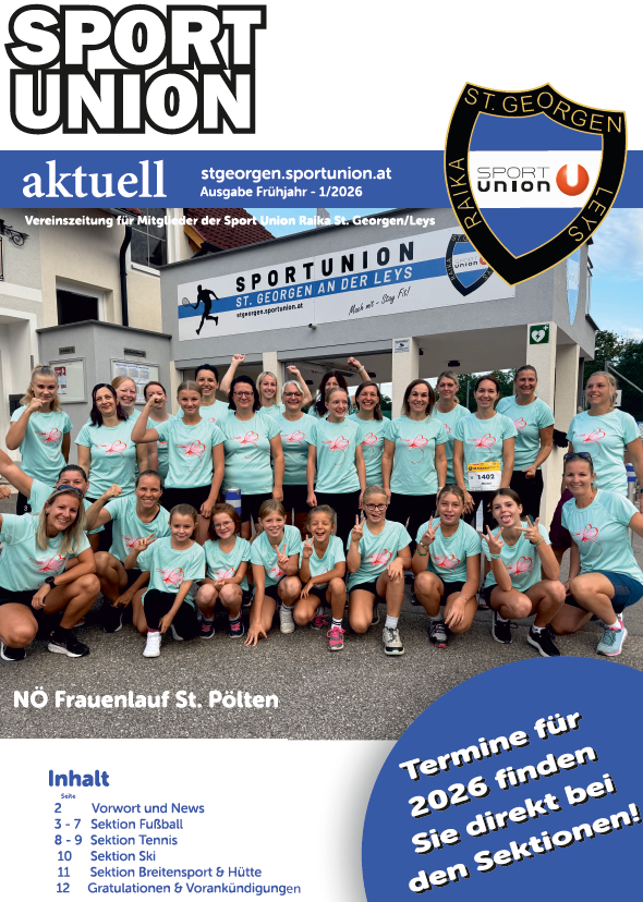 Poster with a group photo of a women's sports team, logo for Sport Union St. Georgen, and information about upcoming 2026 events.