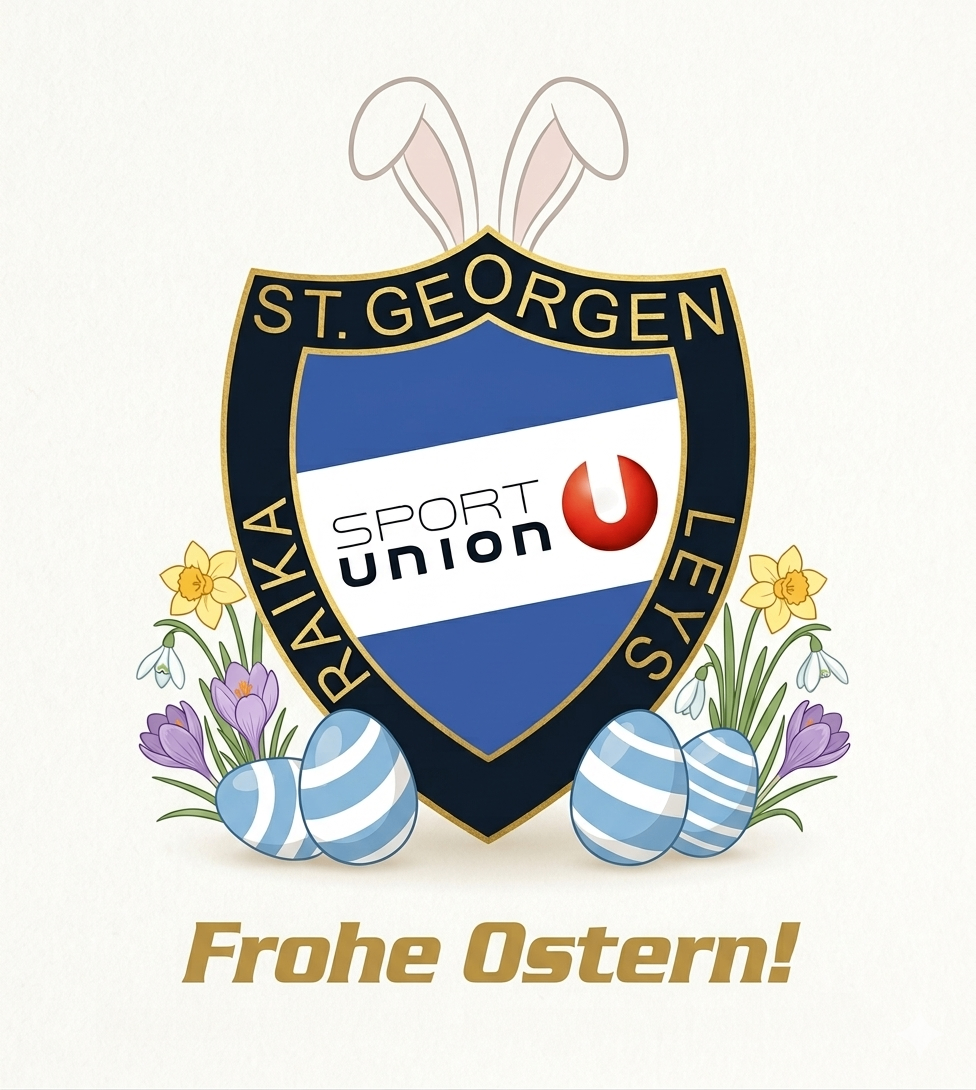 The logo for Sport Union St. Georgen features a shield with blue and white sections, bunny ears on top, and 'Frohe Ostern!' at the bottom.