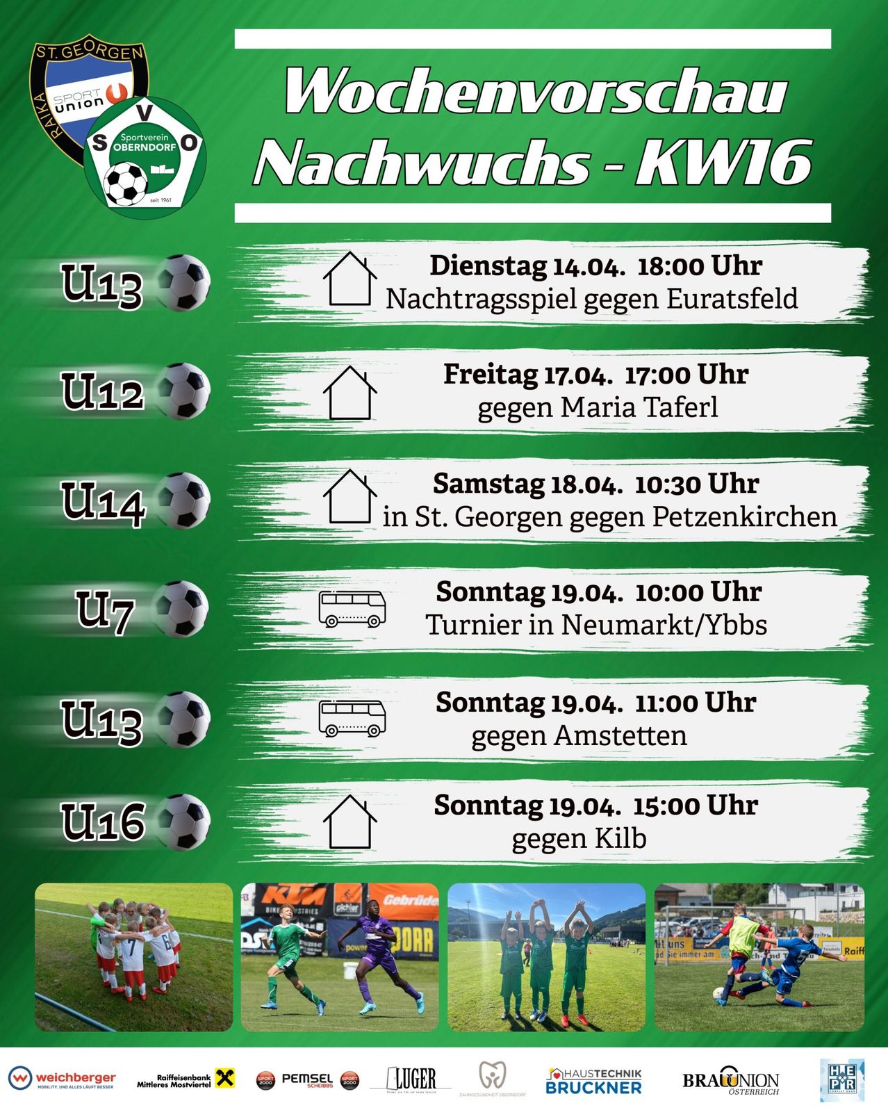Soccer matches for youth teams U13, U12, U14, U7, U13, U16 on different dates. Matches against various teams. Images of soccer players and games.