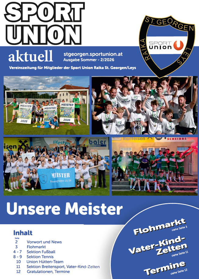 Ein Sportvereinsmagazin mit einer Collage von Fußballspielern, einem Pokal und einer Gruppenaufnahme. Der Titel lautet 'Unsere Meister'. Das Magazin ist für den Sport Union Raika St. Georgen/Leys.