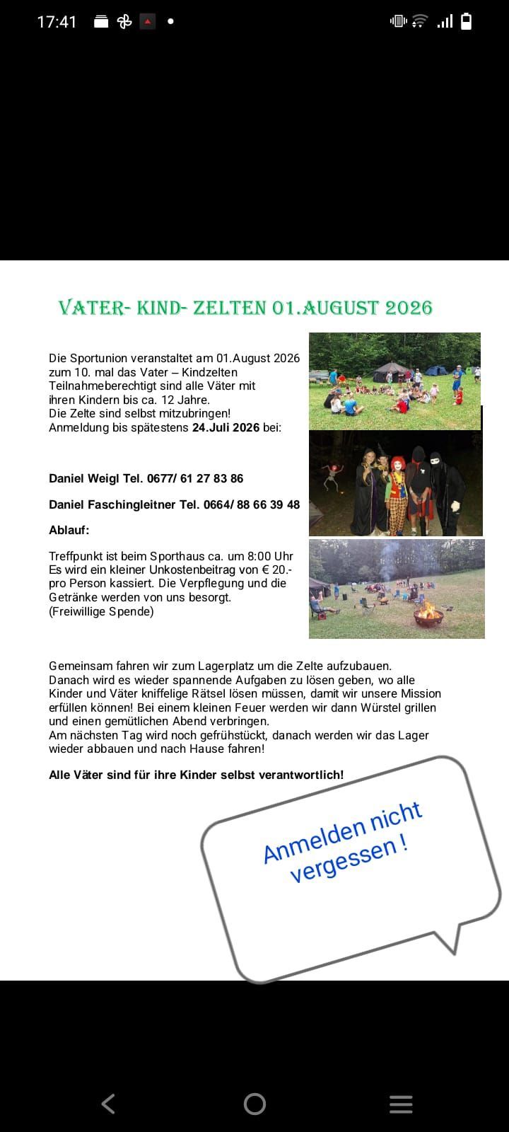 Plakat für Vater-Kind-Zeltlager am 01. August 2026, zeigt eine Gruppe von Kindern und Erwachsenen in einem Wald, mit Text über die Veranstaltungsdetails und Kontaktinformationen.