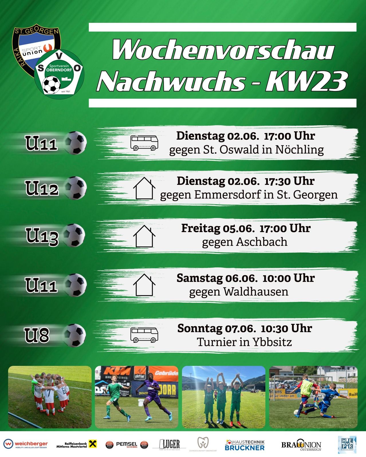 Wöchentlicher Zeitplan für Fußballspiele, einschließlich U11, U12, U13 und U8 Teams. Spiele finden dienstags, freitags, samstags und sonntags statt, mit Zeiten und Orten angegeben.