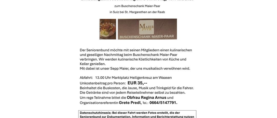 Einladung zum Josefauflug am Donnerstag, 19. März 2026 zum Buschenschank Maier-Pfarr in Sulz bei St. Margarethen. Kulinarischer und geselliger Nachmittag beim Buschenschank Maier-Pfarr. Musikalische Unterhaltung von Kuche und Keller genieBen.
