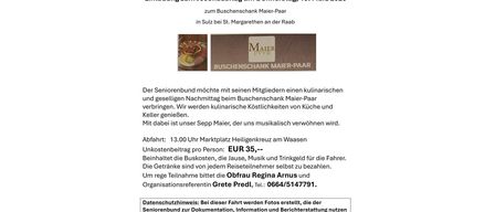 Einladung zum Josefauflug am Donnerstag, 19. März 2026 zum Buschenschank Maier-Pfarr in Sulz bei St. Margarethen. Kulinarischer und geselliger Nachmittag beim Buschenschank Maier-Pfarr. Musikalische Unterhaltung von Kuche und Keller genieBen.