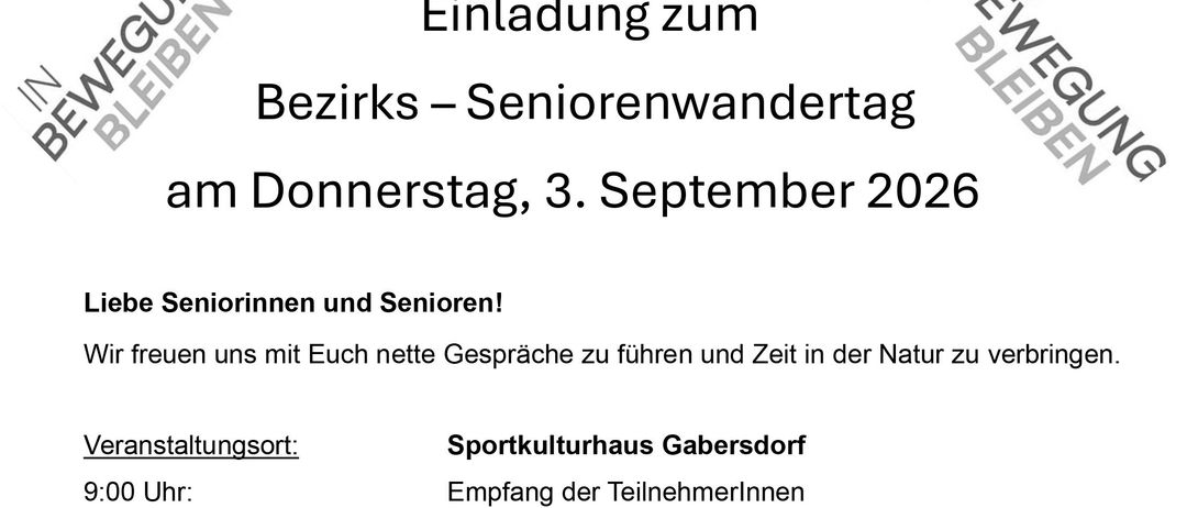 Plakat für eine Seniorenwanderung am Donnerstag, 3. September 2026. Details umfassen Treffenszeit, Veranstaltungsort, Kosten und zwei Wanderstrecken. Die Veranstaltung endet mit einer Mahlzeit und Verabschiedung.
