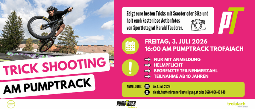 Eine Anzeige für ein Pumptrack-Fotoshooting am 3. Juli 2026 um 16:00 Uhr. Die Veranstaltung erfordert eine Anmeldung.