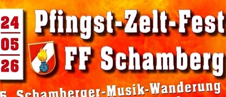 Plakat für den 5. Schamberger Musik-Wanderung von FF Schamberg mit traditionellen Musikern und Instrumenten. Veranstaltung am 26. Mai um 9 Uhr, inklusive Frühstück.