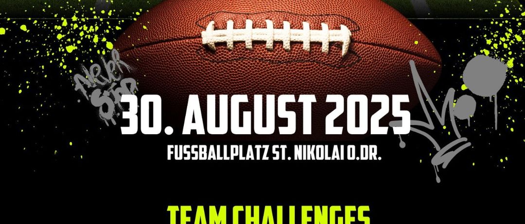 Plakat für eine Veranstaltung namens 'Rivers Rumble' am 30. August 2025, auf dem Fussballplatz St. Nikolai O.Dr. Es zeigt ein Football mit Team-Challenges wie Schießen, Bierpong und Bierkrug-Stämmen.