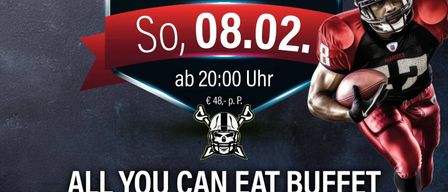 Super Bowl Party invitation. Date: February 8, starting at 8 PM. All-you-can-eat buffet, PlayStation tournament, and live final broadcast. QR code for contact.