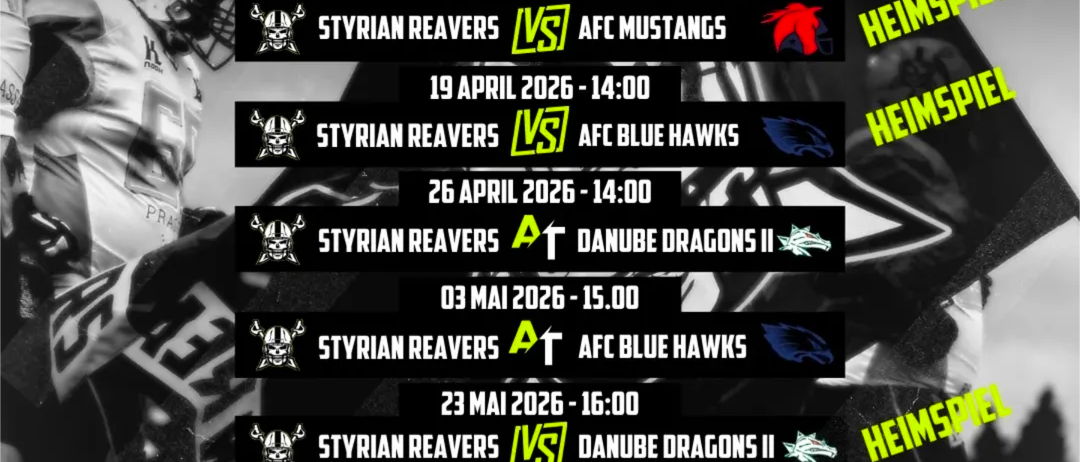 Der AFL Division 2 Spielplan für 2026 zeigt die Styrian Reavers. Spiele sind am 15.00 und 14.00 Uhr an bestimmten Tagen gegen AFC Grizzlies, Mustangs, Blue Hawks und Danube Dragons II. Heimspiele finden in der Solution Point Arena Ragnitz statt.